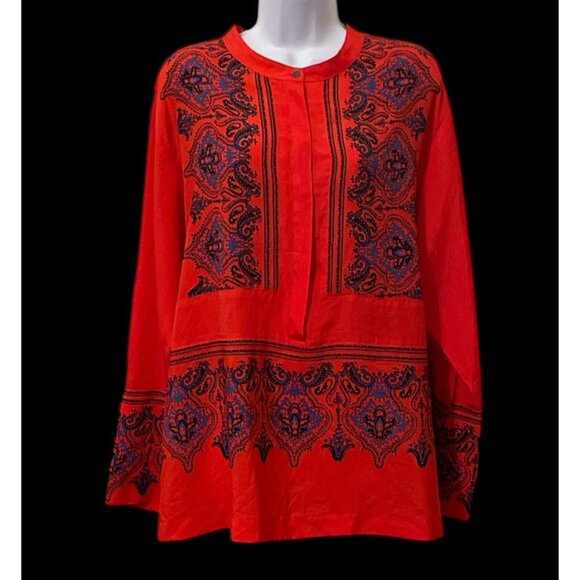 J. Crew Asian Inspired Paisley Henley Tunic Top Size XL Red Long Sleeve - Picture 4 of 11